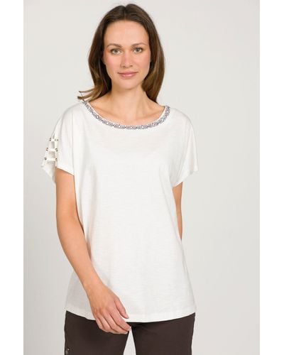 Gina Laura Rundhalsshirt T-Shirt Kimono-Schnitt Schulter-Schlitze Rundhals - Weiß