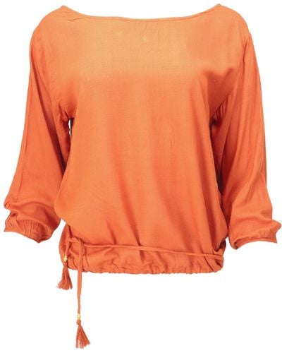 Guru-Shop Longbluse Langarm Boho Blusentop mit Kordelband -.. alternative Bekleidung - Orange