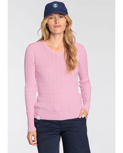 Delmao V-Ausschnitt-Pullover mit Zopfstrickmuster - Pink