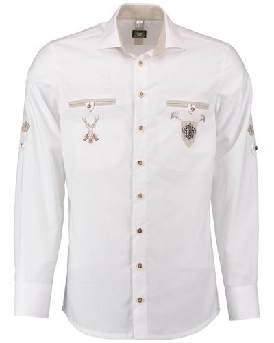 OS-Trachten Trachtenhemd Upojo Langarmhemd mit Stickerei und Zierteil auf den Brusttaschen - Weiß