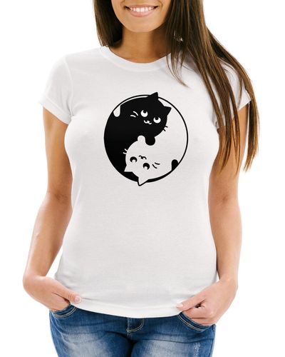MoonWorks Katzen T-Shirt Ying Yang Cats Motiv ® mit Print - Grau
