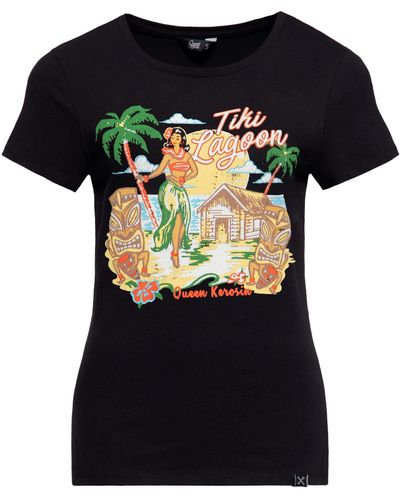 Queen Kerosin Print-Shirt Tiki Lagoon (1-tlg) mit hawaiianischem Artwork - Schwarz