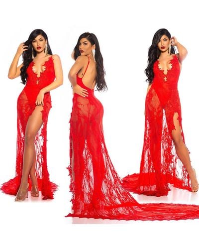 Koucla Abendkleid rückenfreies V-Neck Kleid Spitze mit Schleppe red carpet look - Rot