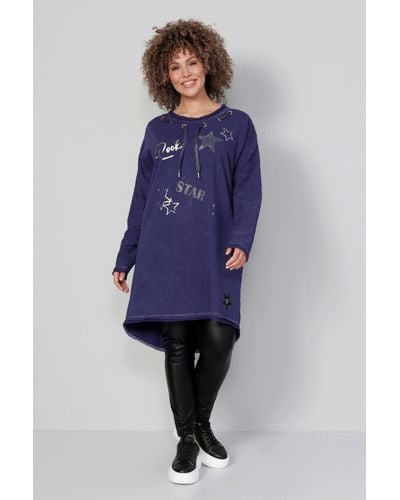 MIAMODA Sweatshirt Long-Sweater RockStar Print Rundhals mit Bindeband - Blau
