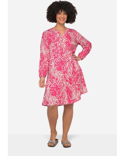Angel of Style Sommerkleid Kleid Alloverdruck Tunika-Ausschnitt Langarm - Pink