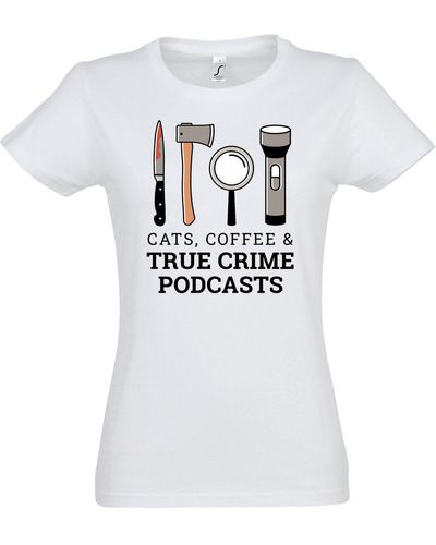 Youth Designz T- CATS COFFEE & TRUE CRIME PODCASTS Shirt Mit modischem Print - Weiß