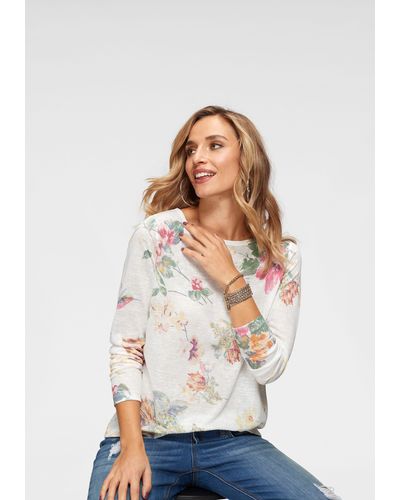 Aniston CASUAL Langarmshirt mit großflächigem Blumendruck und Vögeln - Weiß