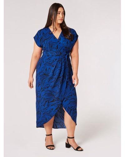 Apricot Midikleid Swirling Waves Wrap Midi Dress, mit asymmetrischem Saum, in Wickeloptik - Blau