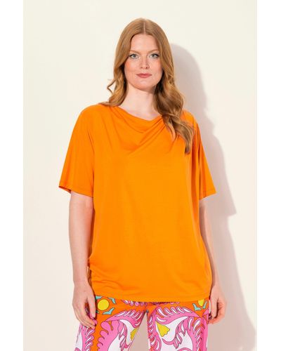 Ulla Popken Rundhalsshirt T-Shirt Lyocell Wasserfall-Ausschnitt Halbarm - Orange