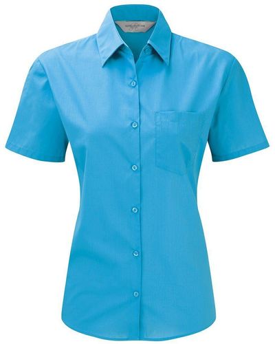 Russell Hemdbluse Russel Business Oberteil Longsleeve Bluse T-Shirt kurzarm - Blau