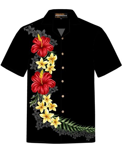 Hawaiihemdshop.de .de Hawaiihemd Hawaiihemdshop Hawaii Hemd Baumwolle Kurzarm Blüten Shirt - Schwarz