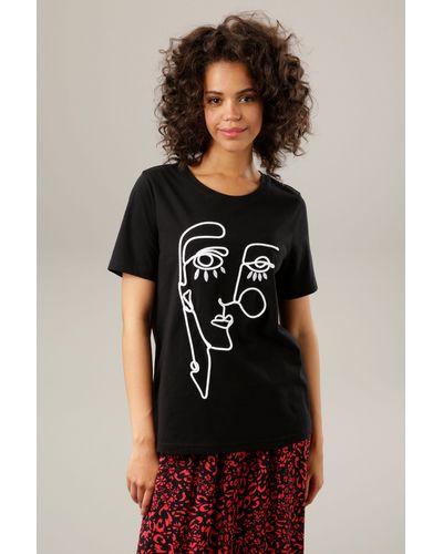 Aniston CASUAL T-Shirt mit kunstvollem Kopf aus Kordel und Stickerei - Schwarz