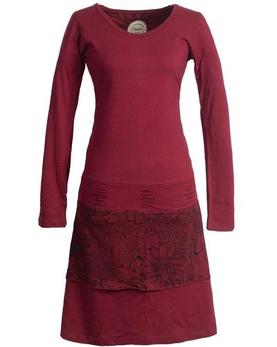 Vishes Jerseykleid Lagenlook Langarm Kleid mit Blumen-Spitze bedruckt Elfen, Hippie, Boho, Goa Style - Rot