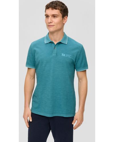 S.oliver Kurzarmshirt Poloshirt mit Logo-Print Streifen-Detail - Blau