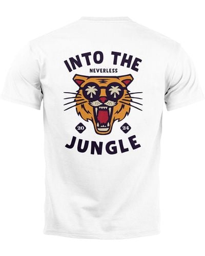 Neverless T-Shirt Backprint Tiger Spruch Into the Jungle Palme Sommer mit Print - Weiß