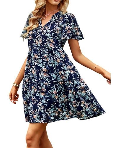 Lovolotti Sommerkleid Kleid LO-KLDE-L01 Kleider Blumenkleid Dress Blusekleid Freizeitkleid Strandkleid - Blau
