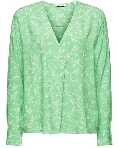 Esprit Langarmbluse Crêpe-Bluse mit V-Ausschnitt und Print - Grün