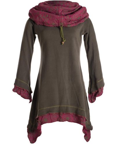 Vishes Zipfelkleid Lagenlook Kleid Eco Fleece und Kapuzenschalkragen Hippie, Goa, Elfen Style - Braun