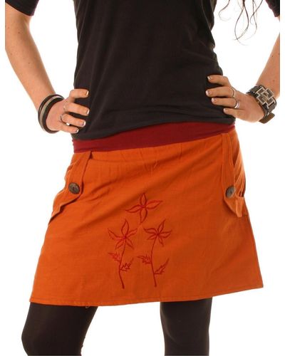 Vishes Minirock Baumwollrock Blumen Stickerei breiter Bund Taschen Hippie, Boho, Goa Style - Orange