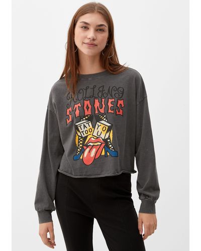 QS Langarmshirt Shirt mit Rolling-Stones-Print Garment Dye - Grau