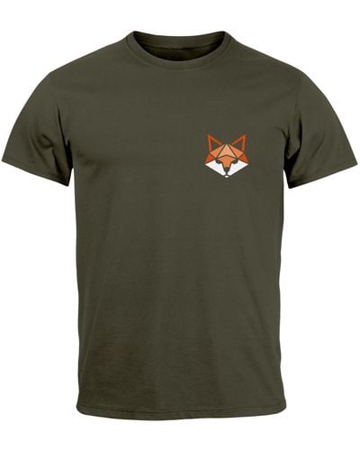 Neverless T-Shirt Fuchsmotiv Brustlogo Aufdruck Tiermotiv Polygon-Style mit Print - Grün