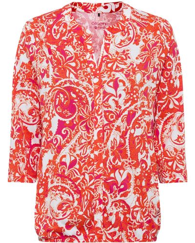 Olsen Shirt mit Tunikaausschnitt und sommerlichem Print - Rot