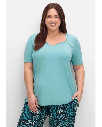 Sheego T-Shirt Große Größen mit herzförmigem Ausschnitt - Blau