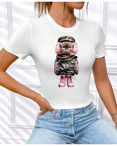 Rmk T- Shirt Print kurzarm Rundhalsshirt coole Katzen Cat Motive aus Baumwolle - Weiß