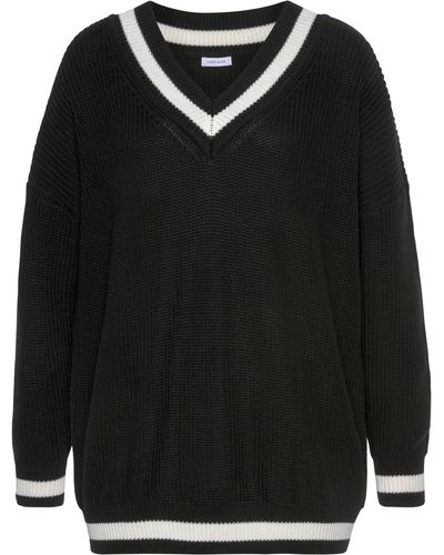 Lascana V-Ausschnitt-Pullover mit Streifen-Details, weicher Strickpullover, casual-chic - Schwarz