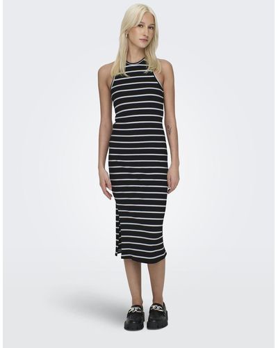 ONLY Shirtkleid Figurbetontes Kleid Geripptes Midi Dress Ärmellos (lang) 7571 in Schwarz - Weiß