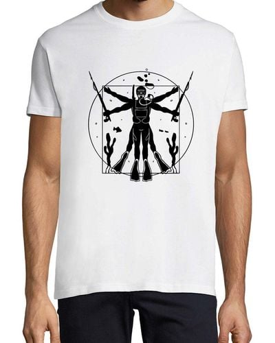 Youth Designz Print- Da Vinci Taucher T-Shirt mit lustigen Logo - Weiß