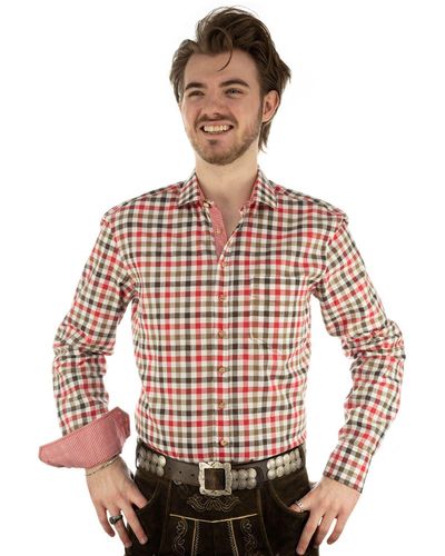 OS-Trachten Trachtenhemd Junra Langarmhemd mit Kontraststoff im Kragen und in der Manschette - Rot