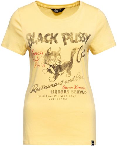 Queen Kerosin T-Shirt Black Pussy Cat mit Vintage-Print - Gelb