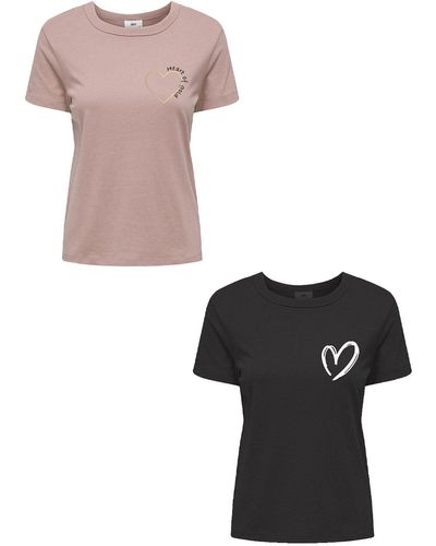Jacqueline De Yong T-Shirt 2er Set Kurzarmshirt aus Baumwolle (2-tlg) 7574 in Schwarz-Pink - Weiß