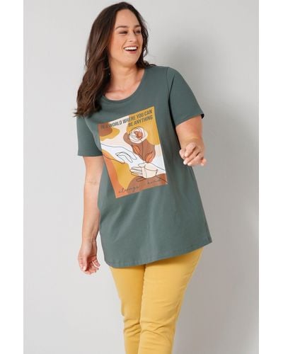 Janet & Joyce Rundhalsshirt T-Shirt großer Print Halbarm - Grün