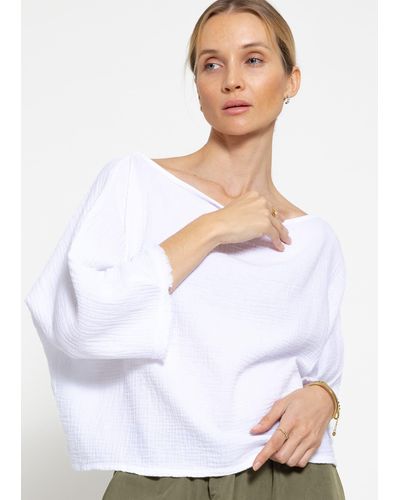 SassyClassy 3/4-Arm- Musselin Rundhalsausschnitt 100% Baumwoll Shirt mit ausgefransten Ärmelabschluss - Weiß