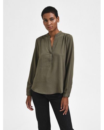 SELECTED Blusenshirt Einfarbige Langarm Bluse V-Ausschnitt Tunika SLFMIVIA - Grün