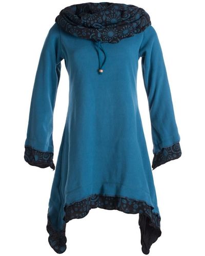 Vishes Zipfelkleid Lagenlook Kleid Eco Fleece und Kapuzenschalkragen Hippie, Goa, Elfen Style - Blau