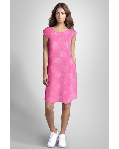 PEKIVESSA Sommerkleid Leinenkleid knielang kurzarm (1-tlg) mit Stickerei - Pink