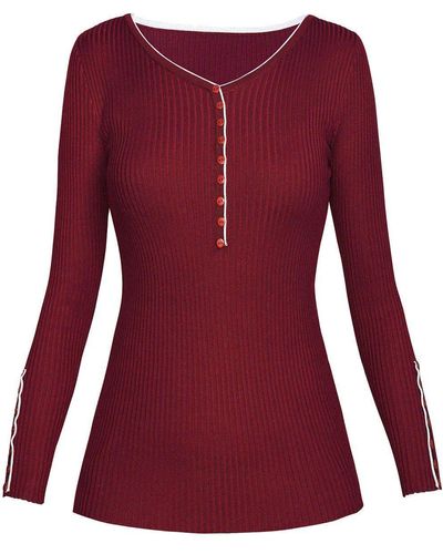 dy_mode Pullover Enganliegend Rippenstrick Pulli mit V-Ausschnitt in Unifarbe - Rot