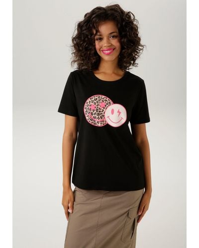 Aniston CASUAL T-Shirt mit coolen Smileys bedruckt - Schwarz
