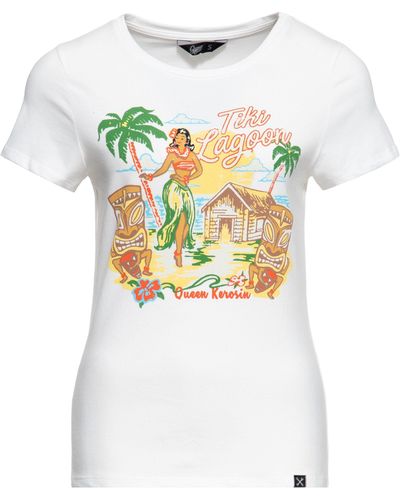 Queen Kerosin Print-Shirt Tiki Lagoon (1-tlg) mit hawaiianischem Artwork - Weiß
