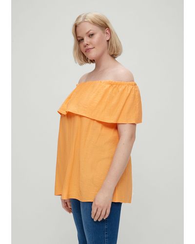 TRIANGL Kurzarmbluse Crinkle-Bluse mit Carmenausschnitt Volants, Raffung, Logo - Orange