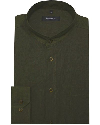 Huber Hemden Langarmhemd HU-0044 Stehkragen 100% Leinen nachhaltig Regular Fit-gerader Schnitt - Grün