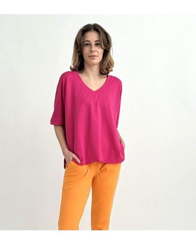 Zuckerwatte Sweatshirt mit V-Auschnitt aus weicher Baumwolle Modal Mischung - Pink