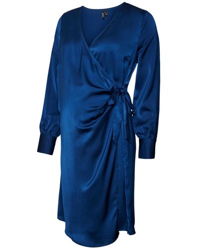Vero Moda Sommerkleid Disa (1-tlg) Wickel-Design, Drapiert/gerafft - Blau