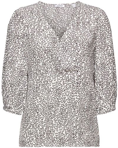 Esprit Langarmbluse Crêpe-Bluse mit V-Ausschnitt und Print - Grau