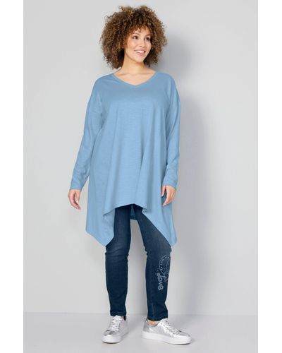 MIAMODA Longsleeve T-Shirt oversized V-Ausschnitt Langarm Zipfelsaum - Blau