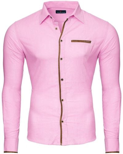 Reslad Hemd Patched Leinen Look Langarmhemd RS-7214 veredelte Knopfleiste - Pink