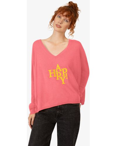 Rainbow Cashmere Pullover mit V-Ausschnitt und Stickerei auf der Vorderseite - Pink